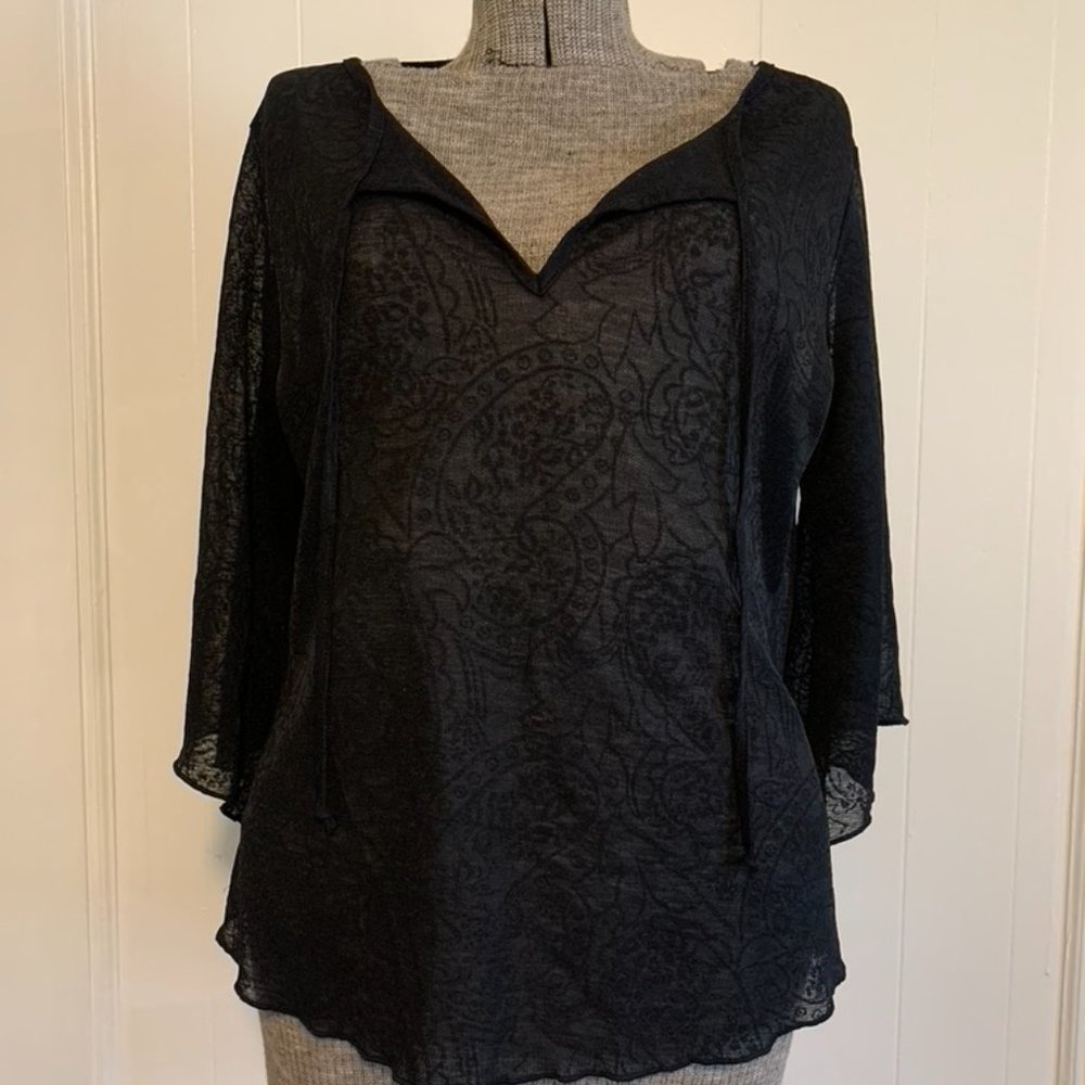 JKLA California Black Sheer Top Large Bell Sleeves Embroidered V-neck